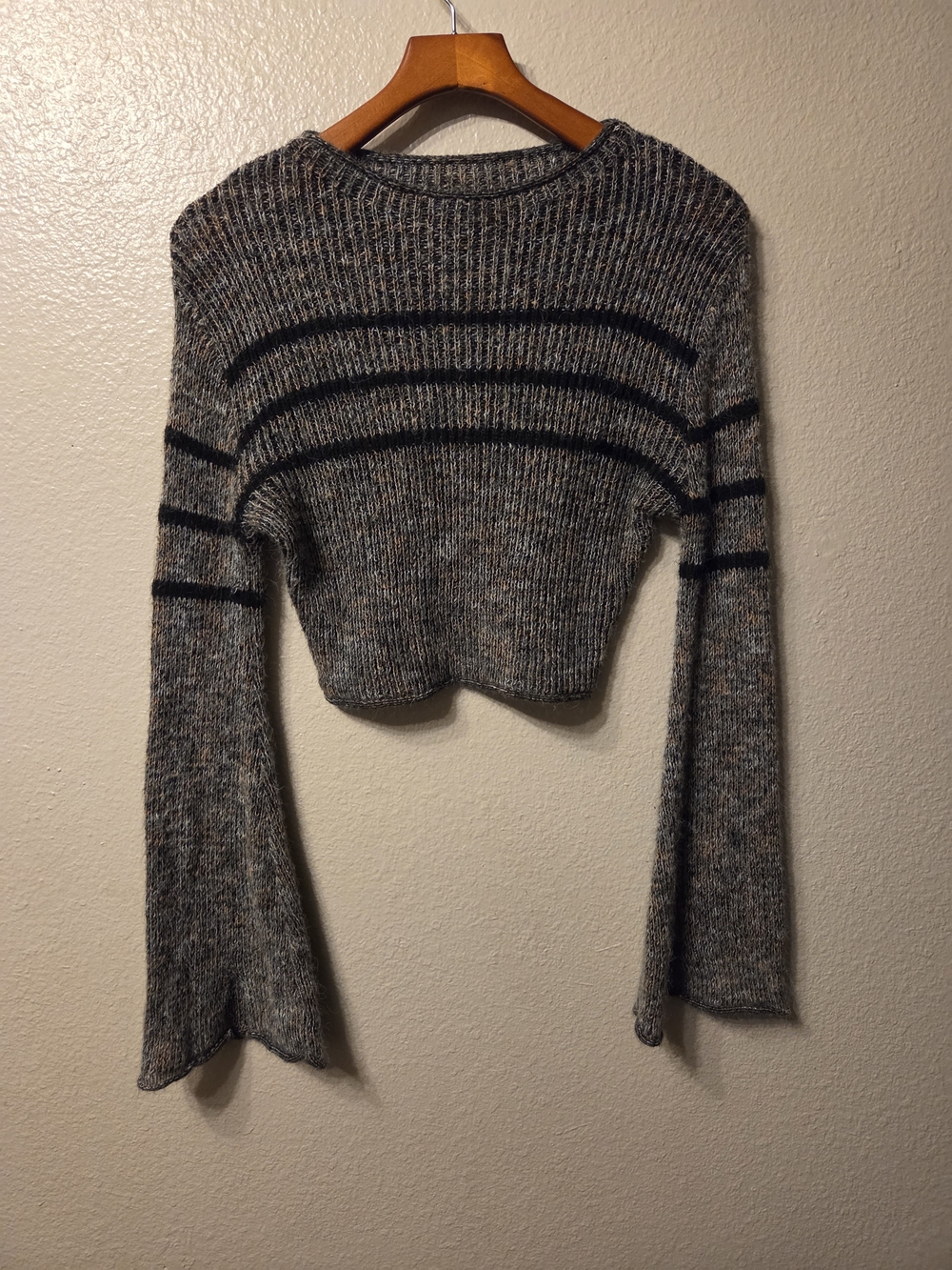 SHEIN Gray And Multicolor Cropped Striped Knit Sweater Bell Sleeves Grunge Goth